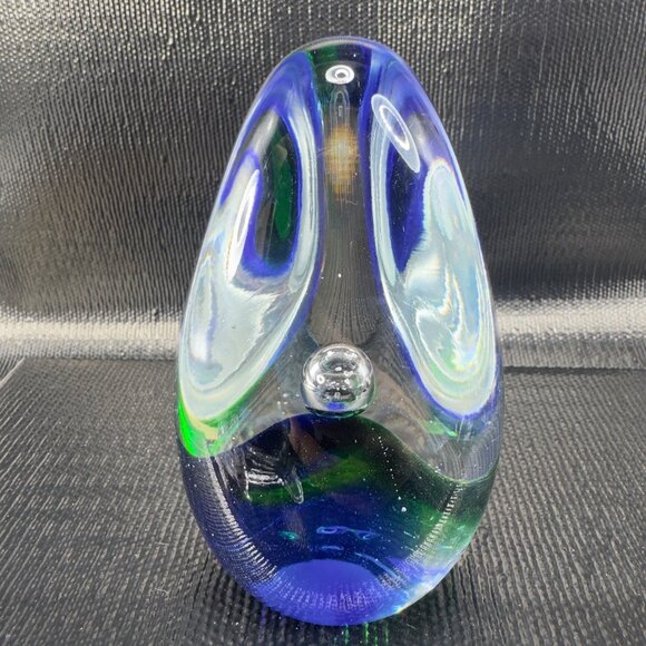 Vintage 1980s Oval Glass Paperweight With Large Bubbles Blue Green Glass Decor - Picture 1 of 11